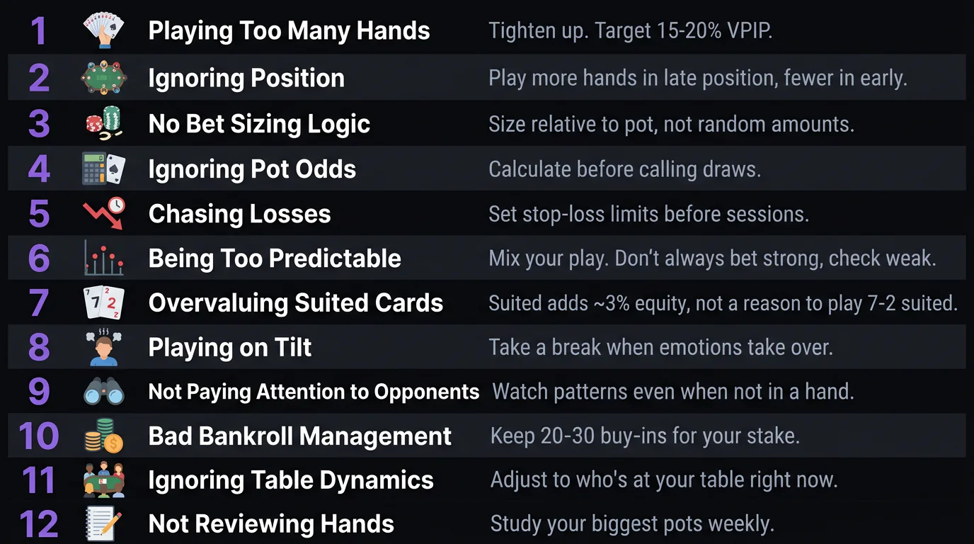Infographic showing the 12 most common poker mistakes ranked by cost
