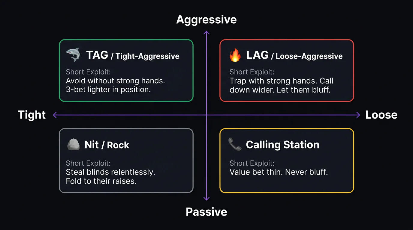 Quadrant chart showing four poker player types based on tightness and aggression axes