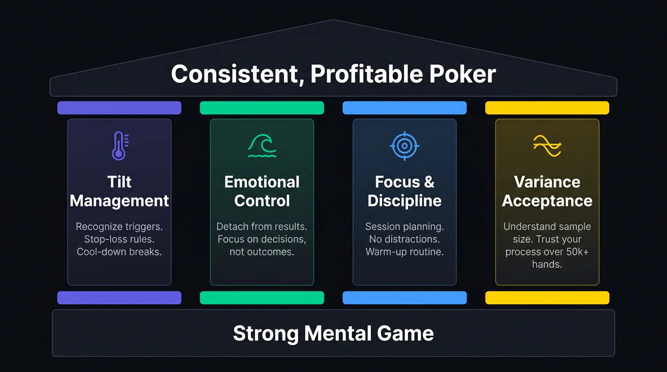 Framework showing the components of a strong poker mental game: tilt management, emotional control, focus, and discipline