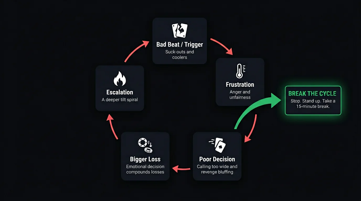 Diagram showing the tilt cycle: trigger, emotional reaction, poor play, losses, escalation