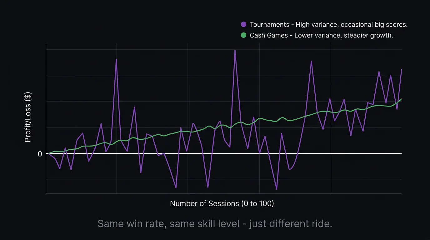 Graph comparing variance in tournaments vs cash games over time